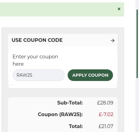 Screenshot of the Raw Powders discount code working