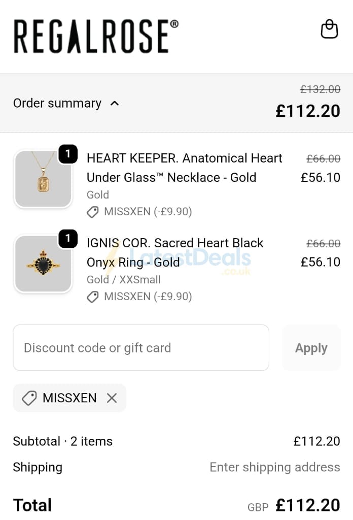 Screenshot of the REGALROSE discount code working