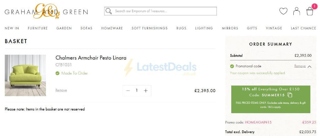 Screenshot of the Graham and Green discount code working