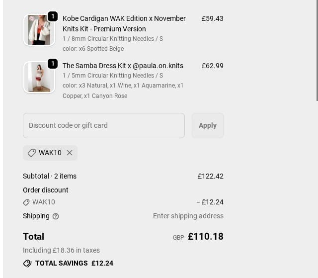 Screenshot of the We Are Knitters discount code working