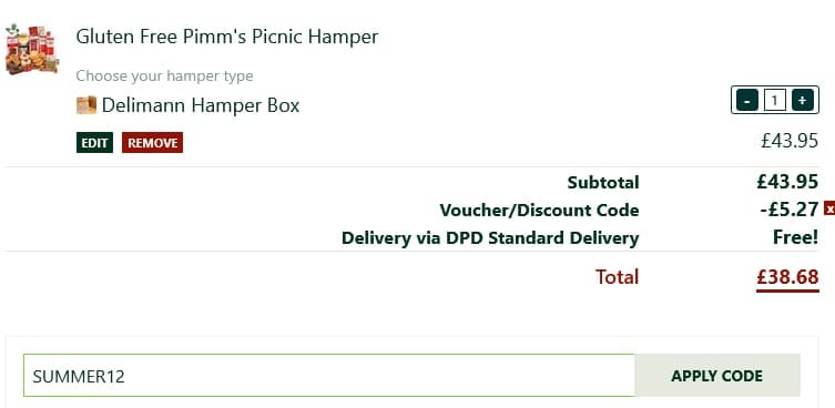 Screenshot of the Delimann discount code working