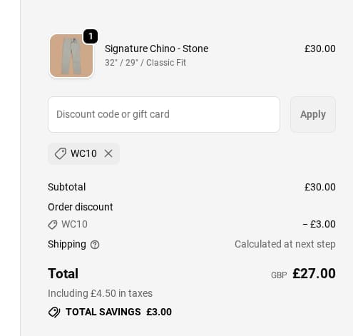 Screenshot of the Samuel Windsor discount code working