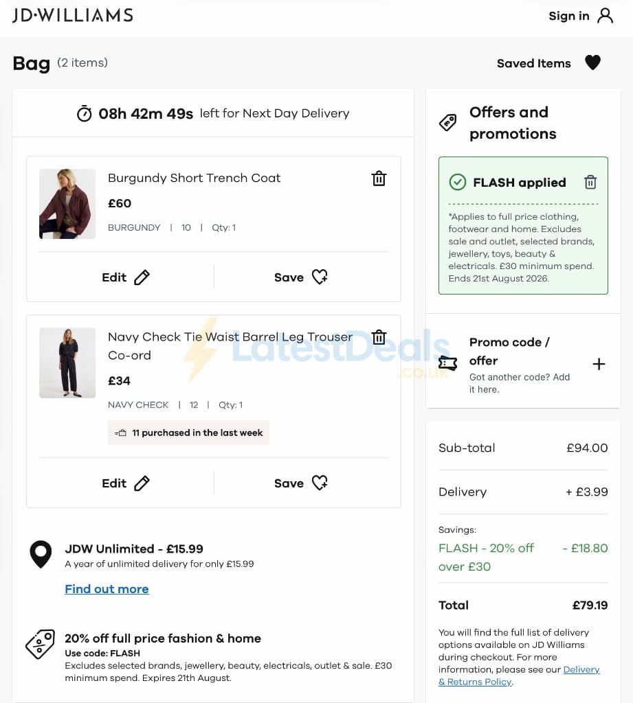 Screenshot of the JD Williams discount code working