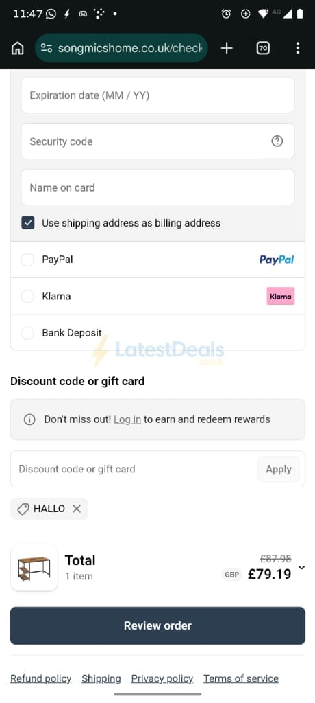Screenshot of the Songmics discount code working