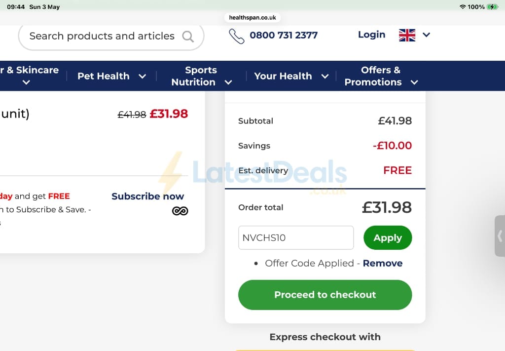 Screenshot of the Healthspan discount code working