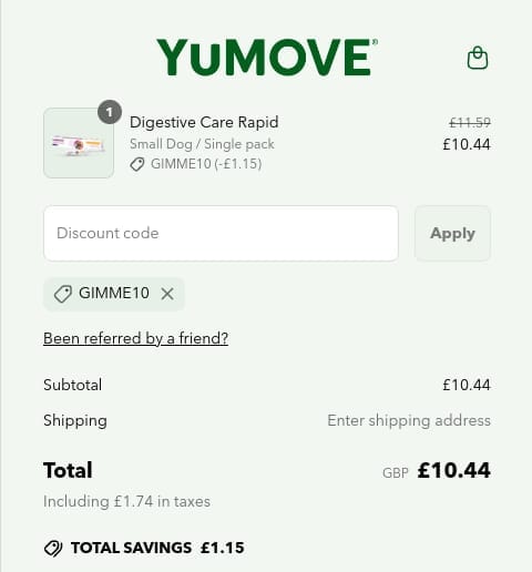Screenshot of the Yumove discount code working
