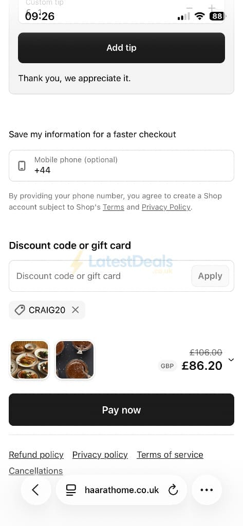 Screenshot of the Haar at Home discount code working