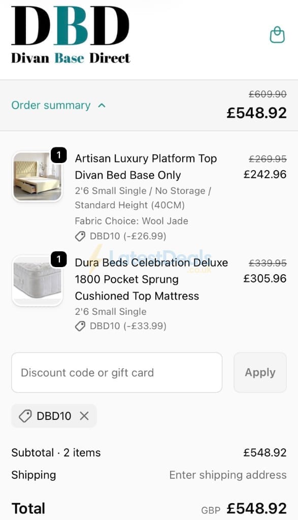 Screenshot of the Divan Base Direct discount code working