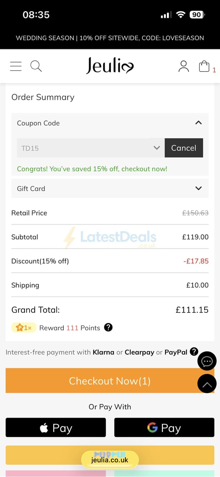 Screenshot of the Jeulia discount code working