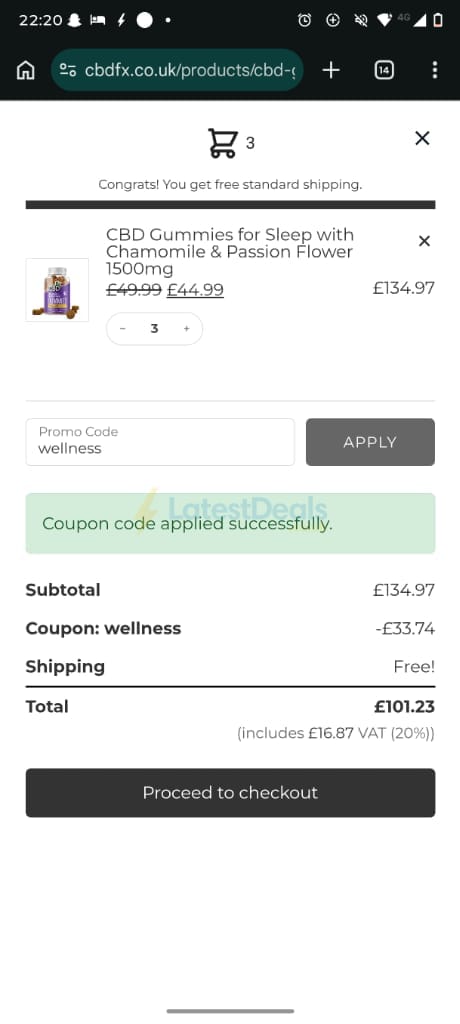 Screenshot of the CBDFX discount code working