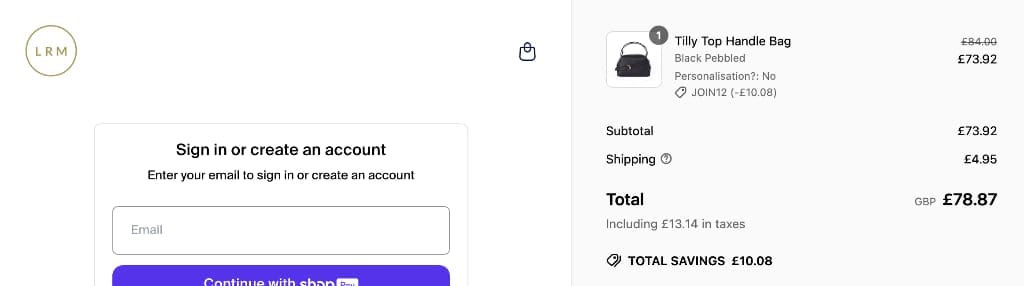 Screenshot of the LRM Goods discount code working