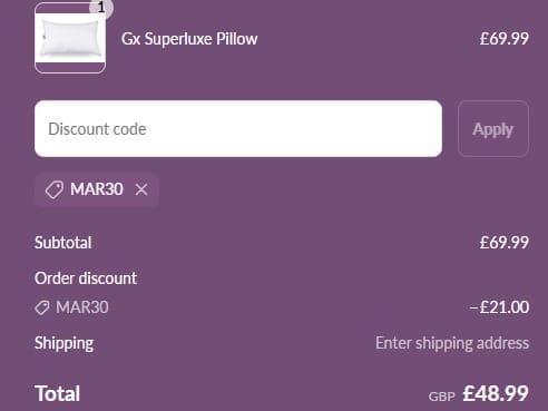 Screenshot of the Gx Pillows discount code working