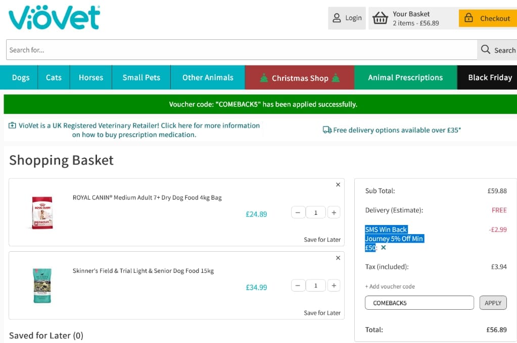 Screenshot of the Viovet discount code working
