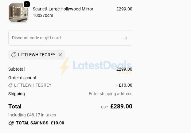 Screenshot of the Hollywood Mirrors discount code working