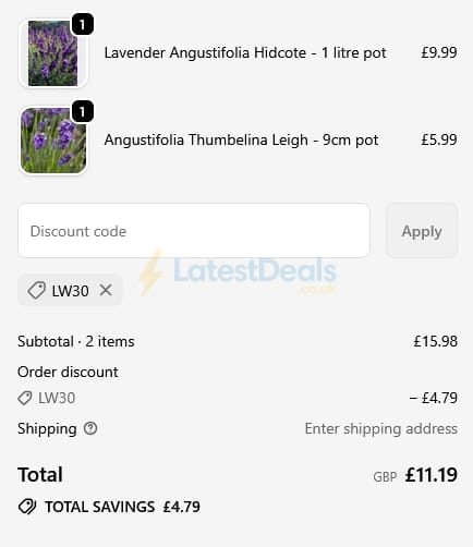 Screenshot of the Lavender World discount code working