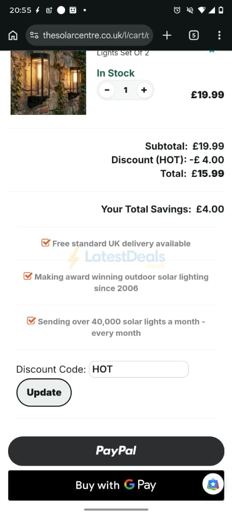 Screenshot of the Solar Centre discount code working