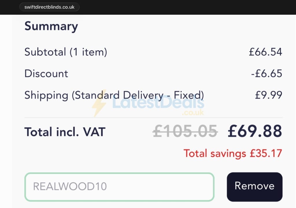 Screenshot of the Swift Direct Blinds discount code working