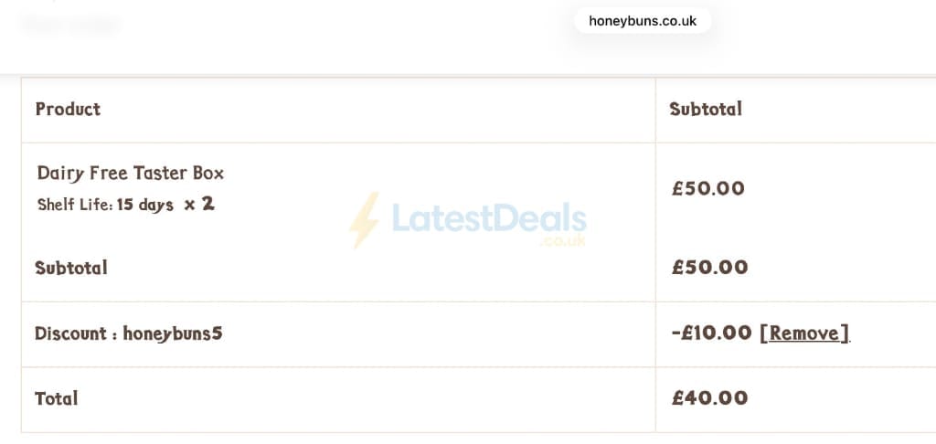 Screenshot of the Honeybuns discount code working