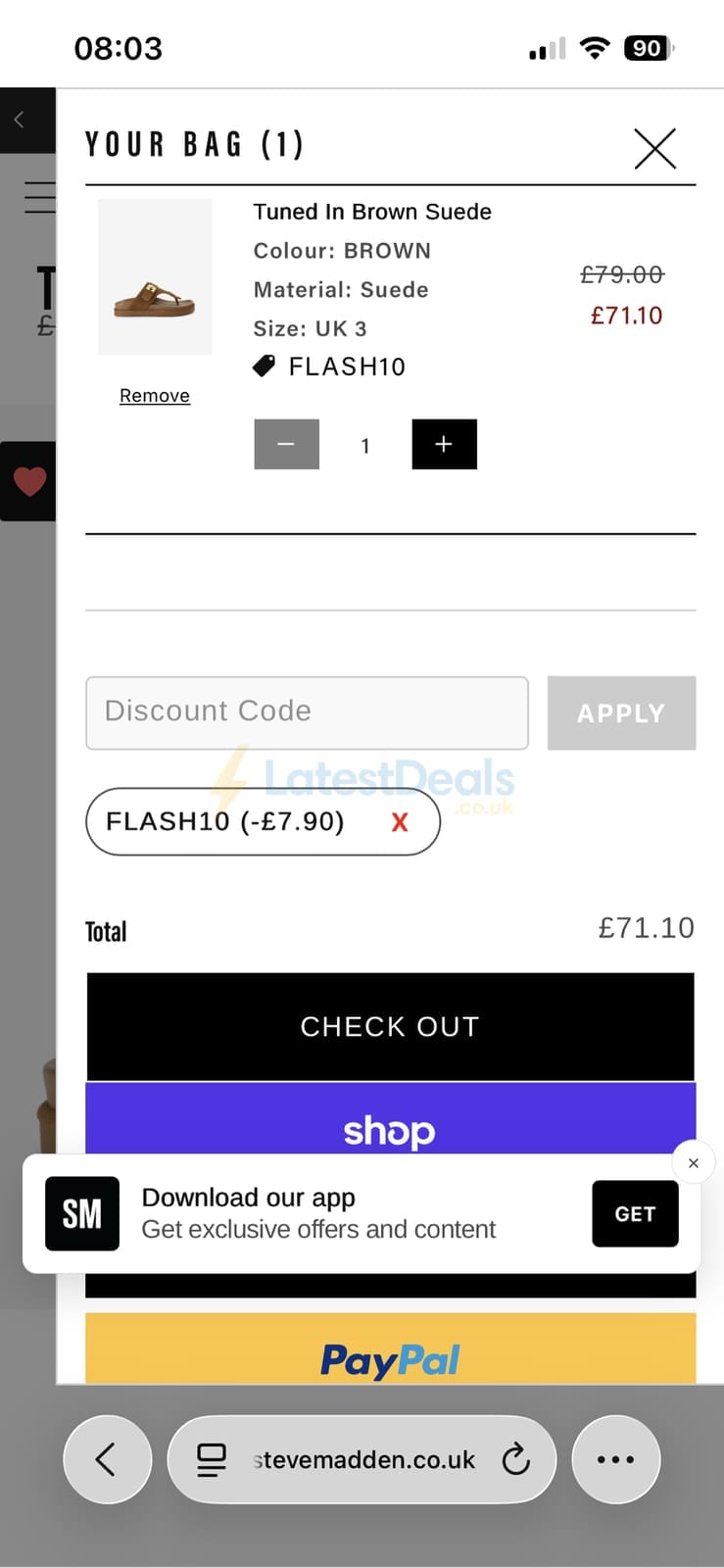Screenshot of the Steve Madden discount code working