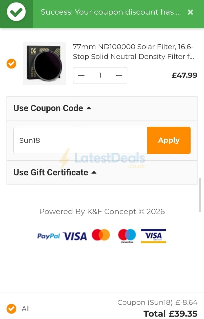 Screenshot of the K&F Concept discount code working