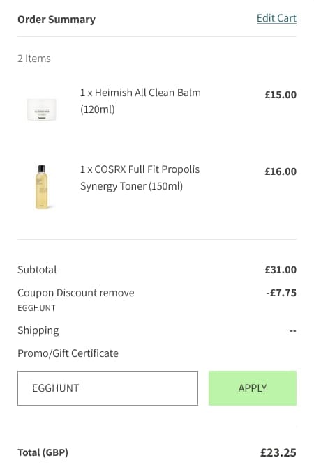 Screenshot of the Skinsider discount code working