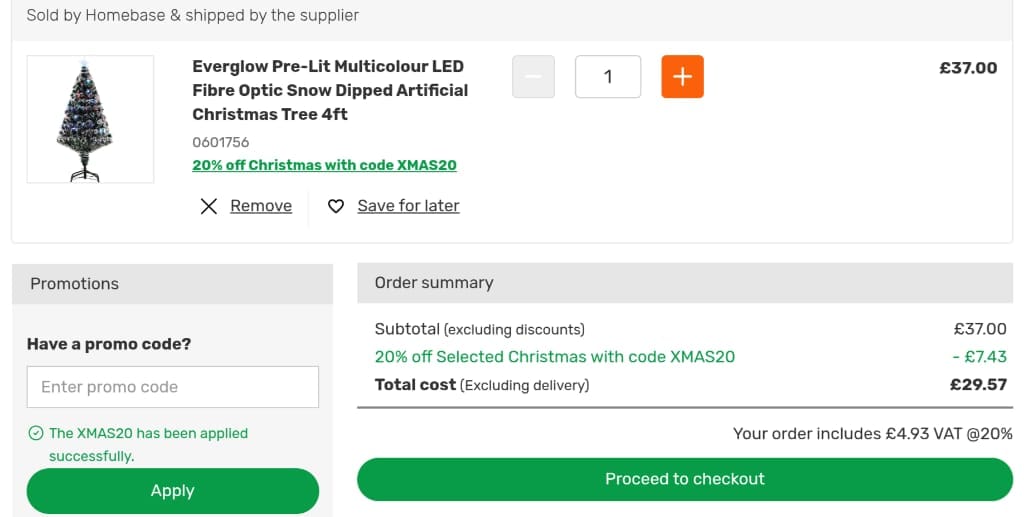 Screenshot of the Homebase discount code working