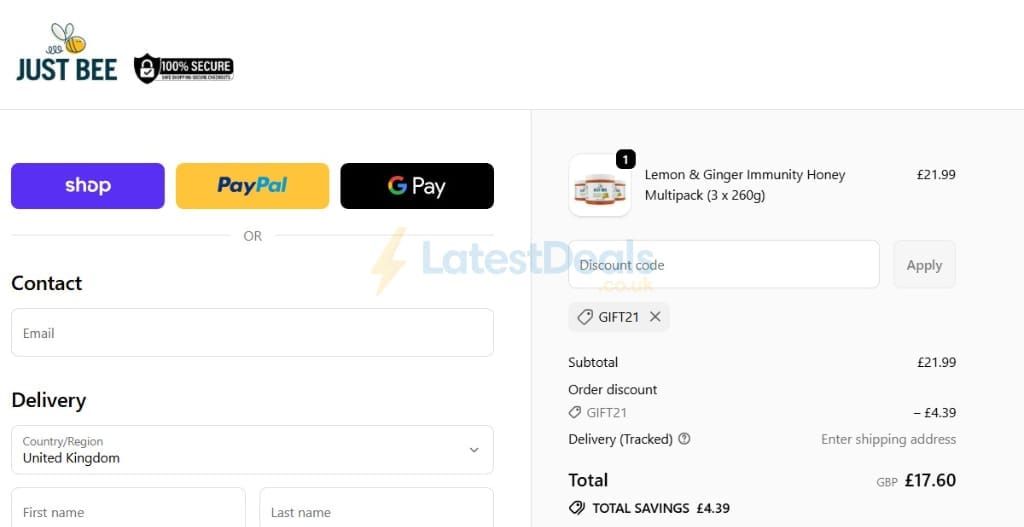 Screenshot of the Just Bee Honey discount code working