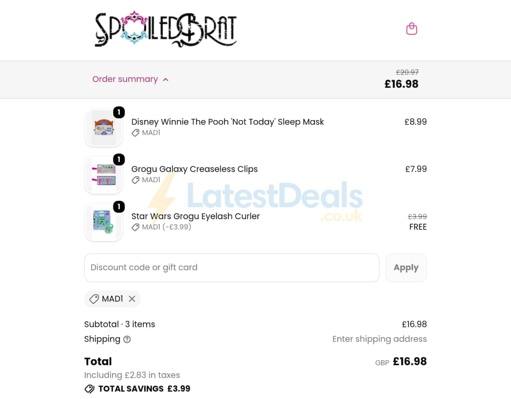 Screenshot of the Spoiled Brat discount code working