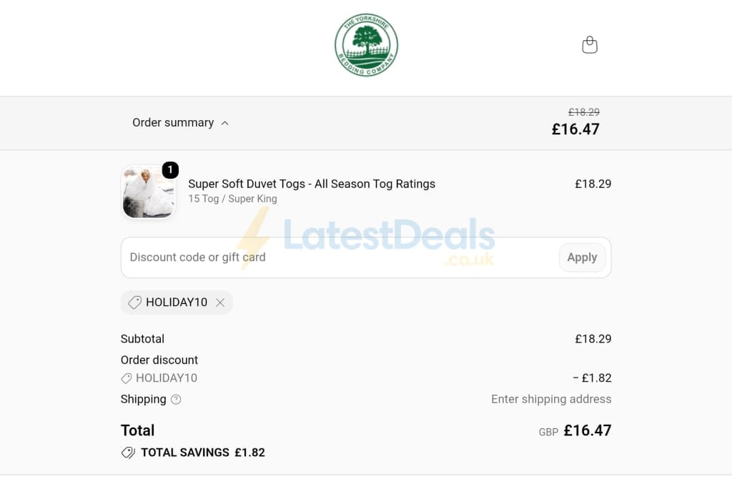 Screenshot of the Yorkshire Bedding discount code working