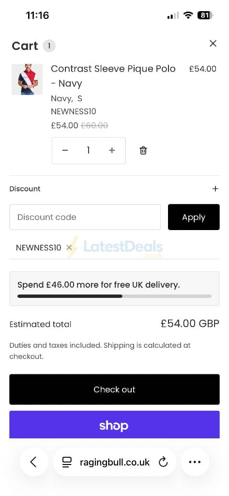 Screenshot of the Raging Bull discount code working