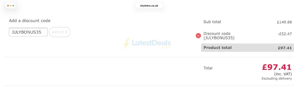 Screenshot of the Shutter Store UK discount code working