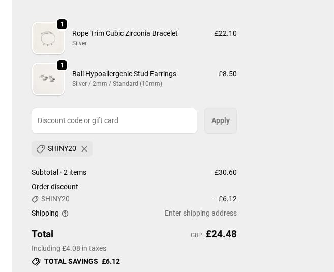 Screenshot of the Solace Jewellery discount code working