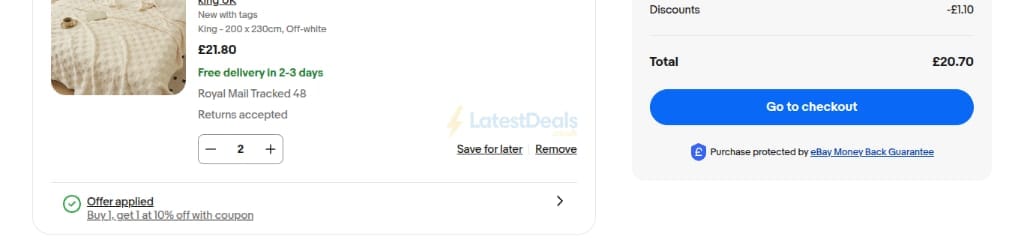 Screenshot of the ebay discount code working