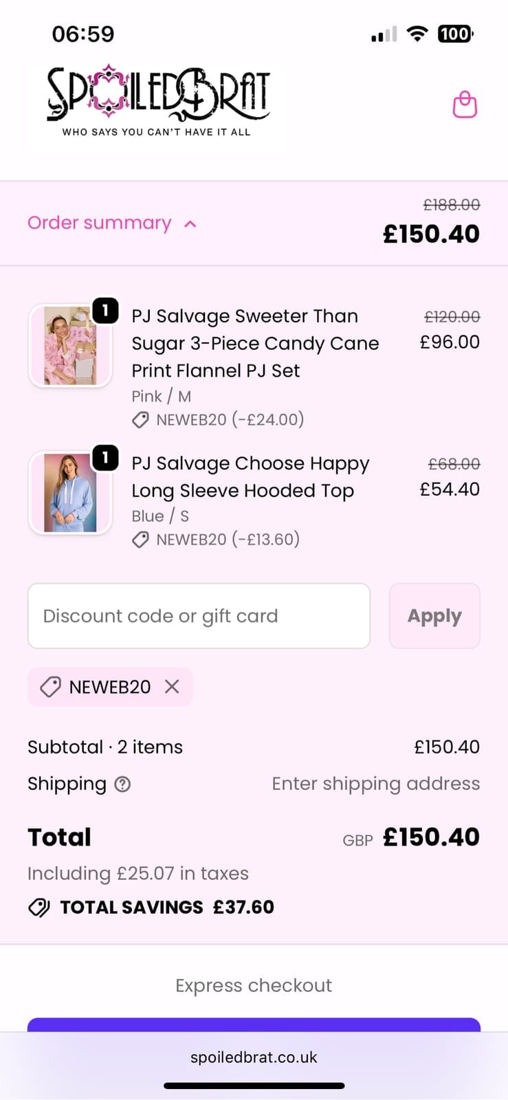 Screenshot of the Spoiled Brat discount code working