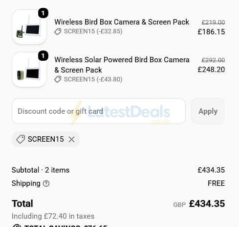 Screenshot of the Green-feathers discount code working