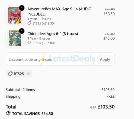Screenshot of the Bayard Magazines discount code working