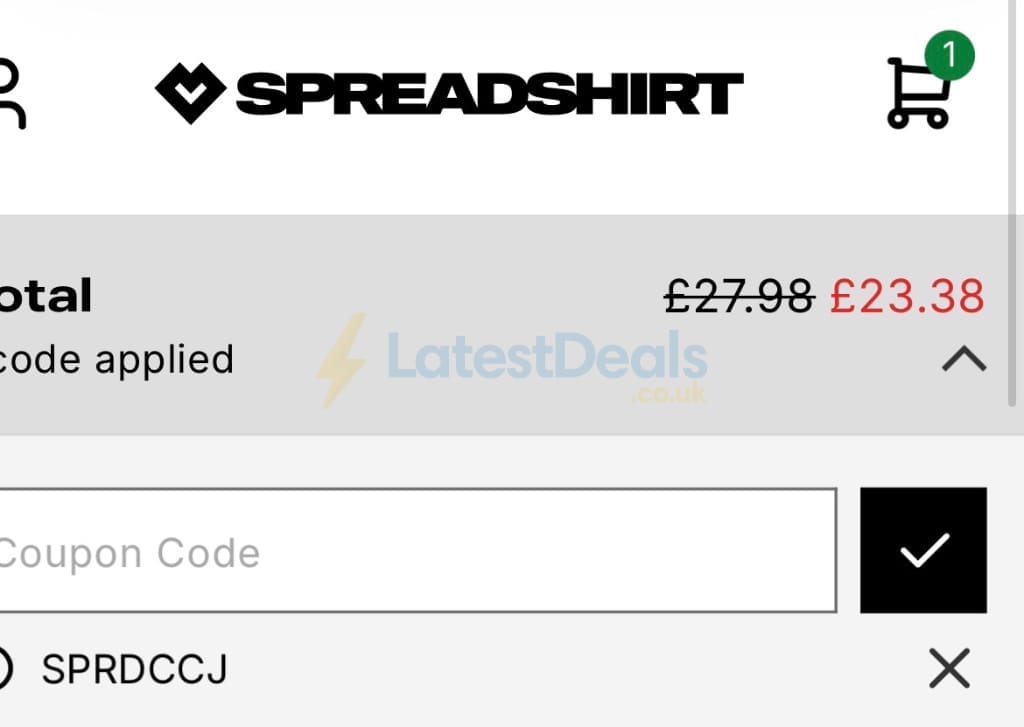 Screenshot of the Spreadshirt discount code working