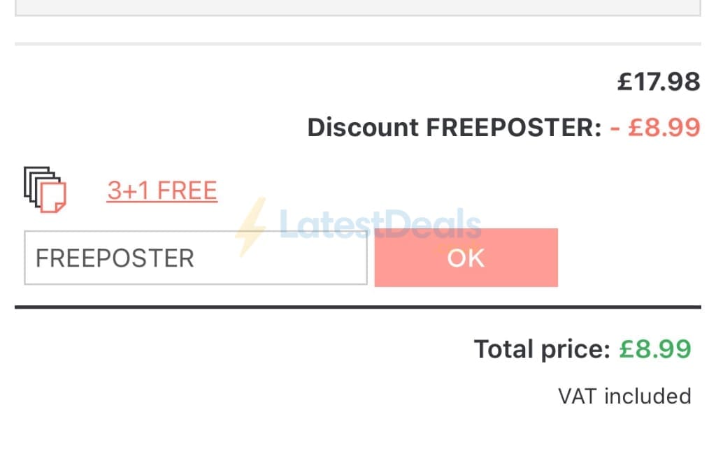Screenshot of the UKposters discount code working