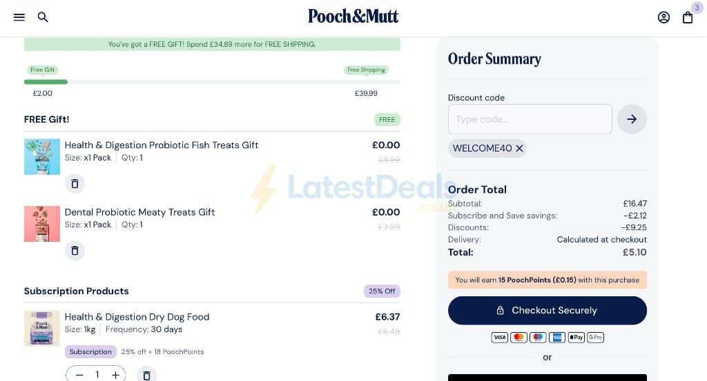 Screenshot of the Pooch & Mutt discount code working