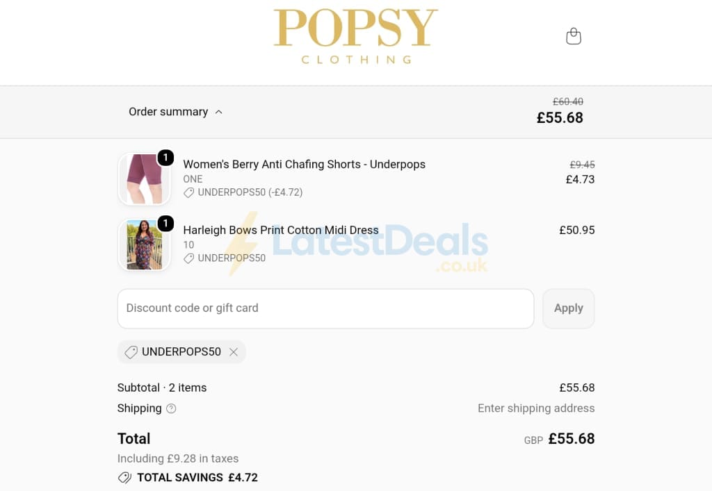 Screenshot of the Popsy Clothing discount code working