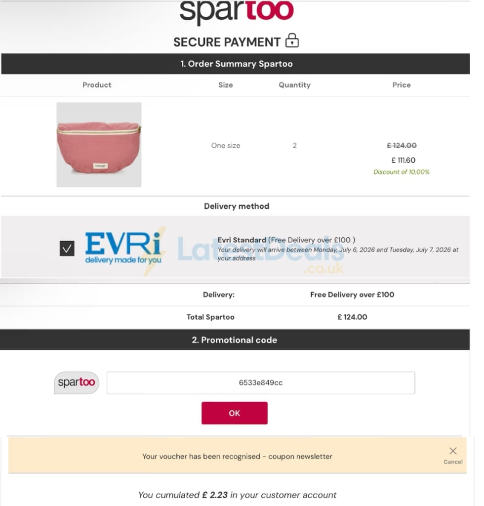Screenshot of the Spartoo discount code working