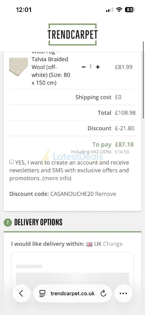 Screenshot of the Trendcarpet discount code working