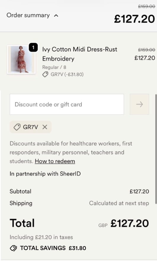 Screenshot of the BODEN discount code working