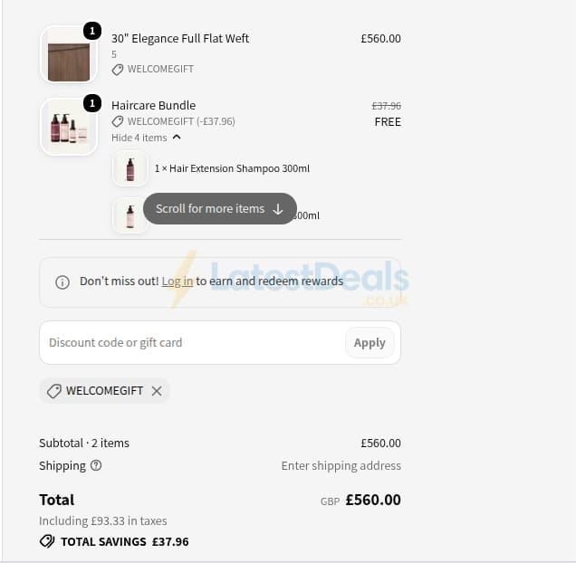Screenshot of the Additional Lengths discount code working
