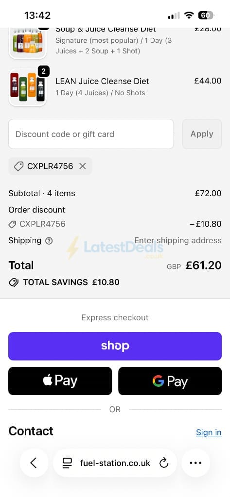 Screenshot of the Fuel Station discount code working