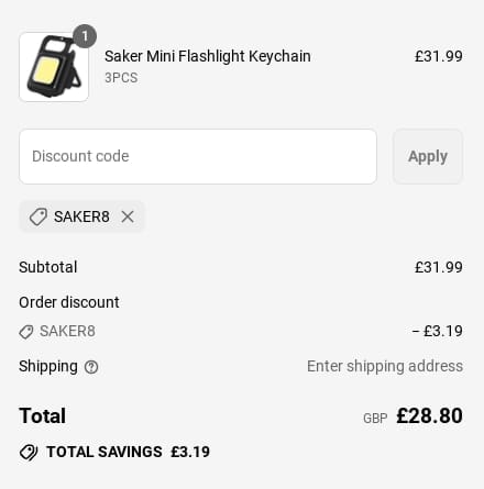 Screenshot of the SAKER discount code working