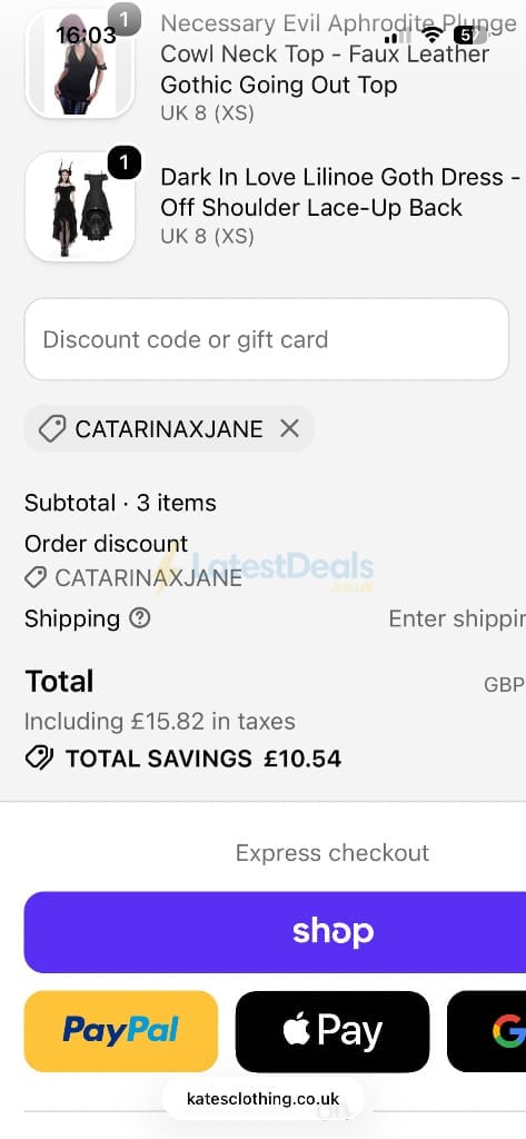 Screenshot of the Kate's Clothing discount code working
