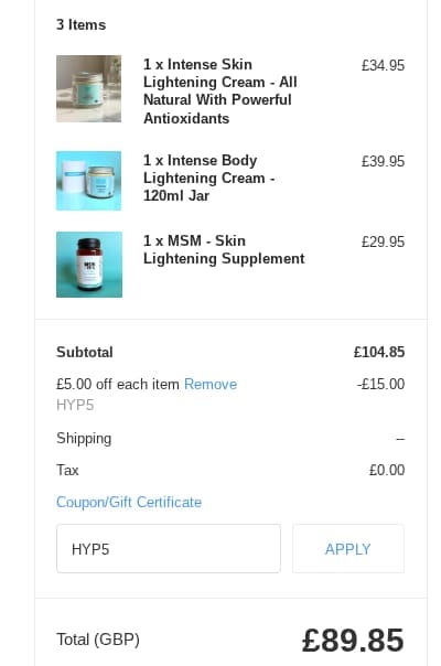 Screenshot of the Skinlight discount code working