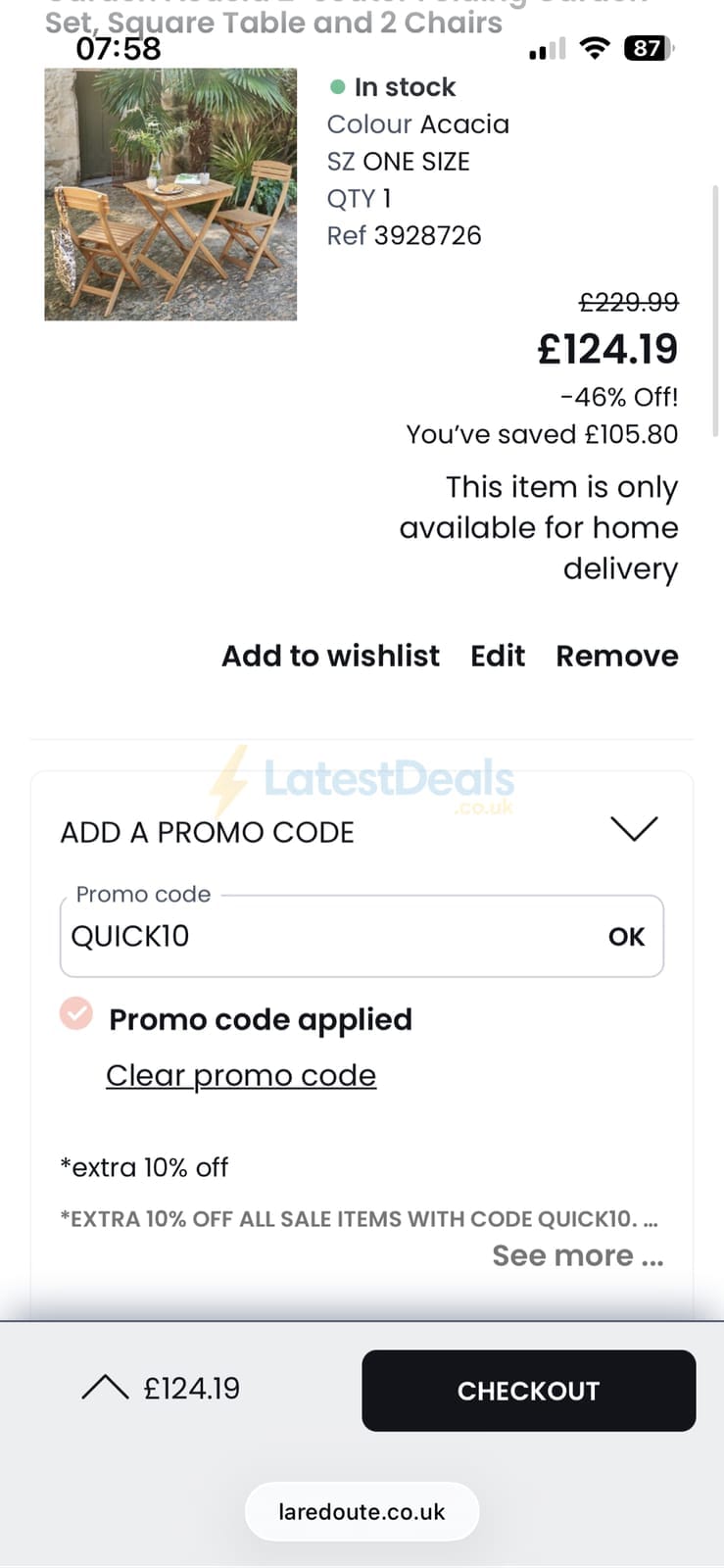 Screenshot of the La Redoute discount code working