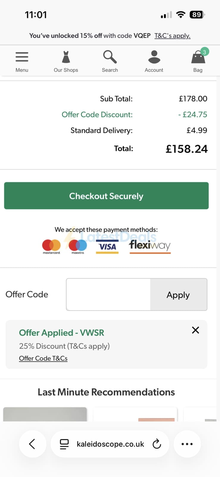 Screenshot of the Kaleidoscope discount code working